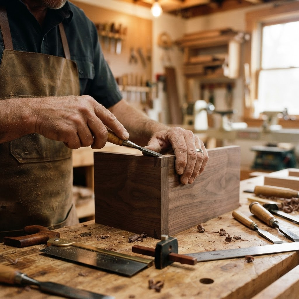 A Driggs Development craftsman working fine custom woodworking joinery in the workshop