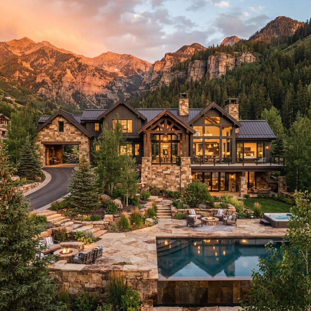 A custom luxury home built by Driggs Development against the Utah mountains at golden hour