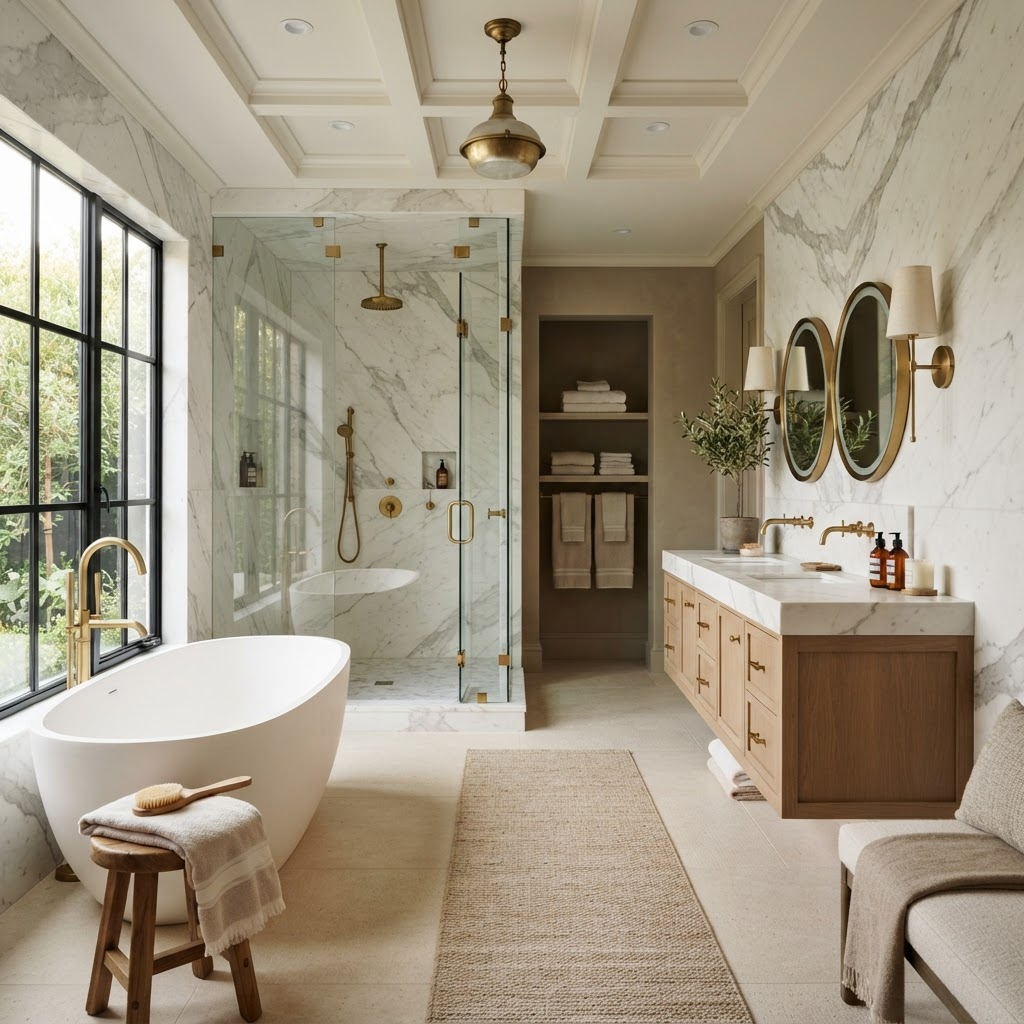 Luxury master bathroom with freestanding tub and marble slab walls