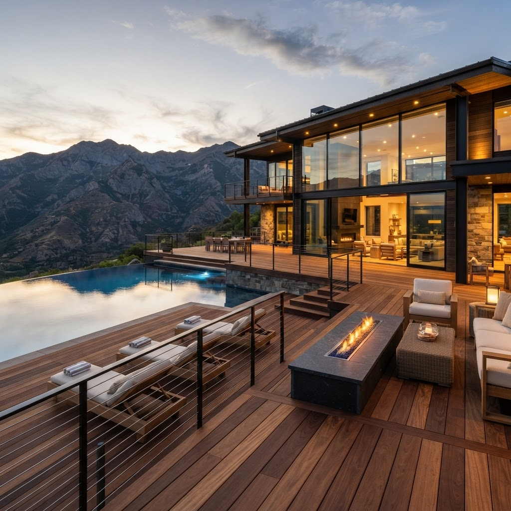 Multi-level ipe hardwood deck with glass railings and negative-edge pool at a luxury mountain estate