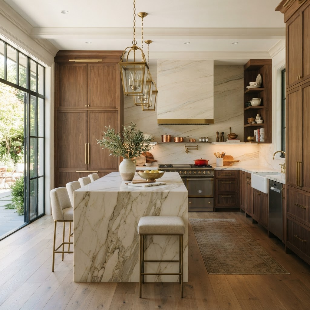 Luxury custom kitchen with marble waterfall island and walnut cabinetry