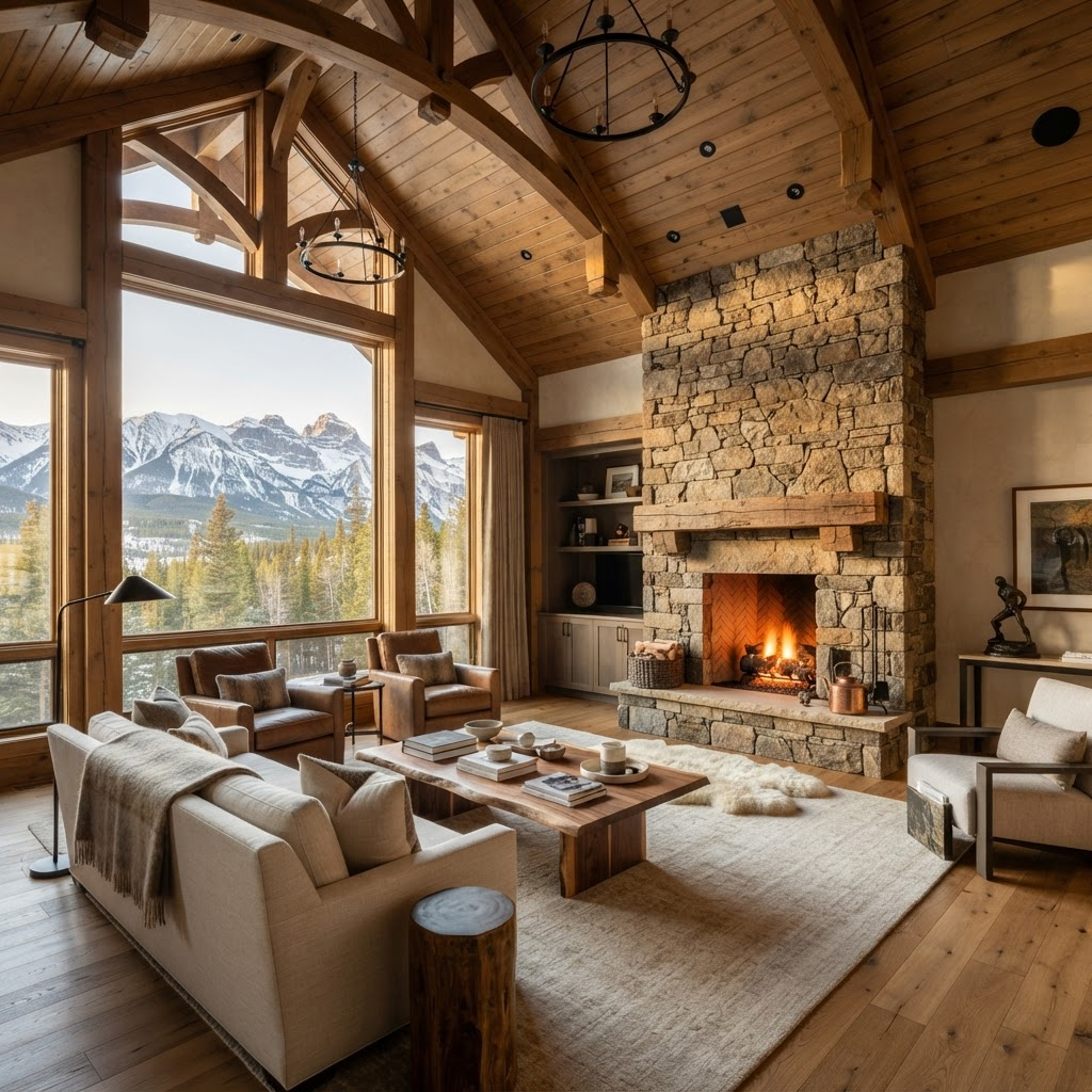 Custom living room with vaulted timber ceilings and floor-to-ceiling stone fireplace