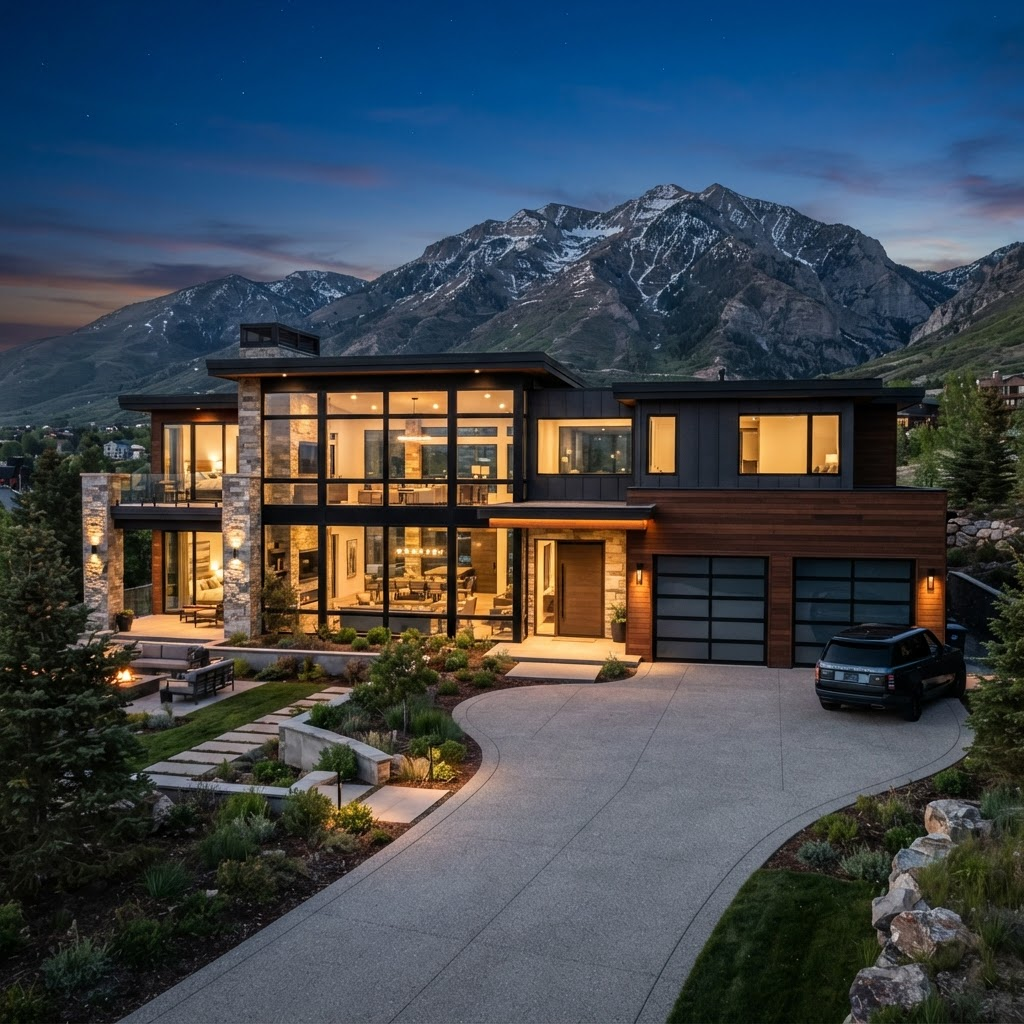 Newly built luxury estate home at dusk with warm interior lighting