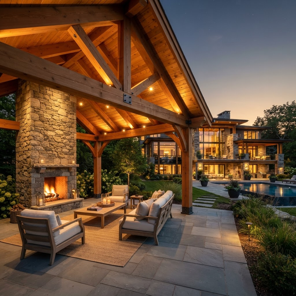 Freestanding Douglas-fir timber pavilion with stone fireplace behind a luxury estate home
